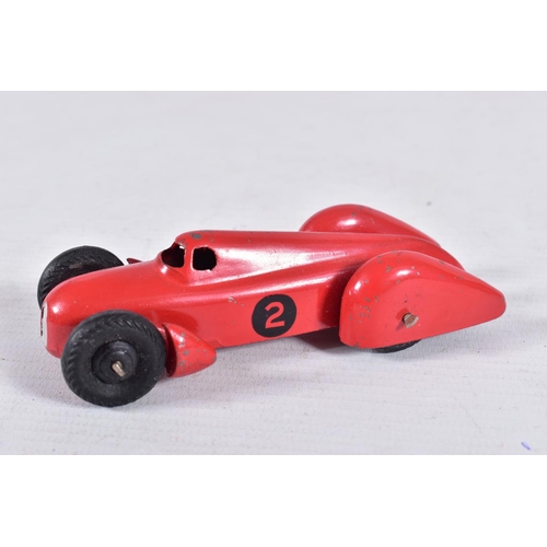 90 - THREE ASSORTED EARLY POST WAR DINKY TOYS, Auto-Union Racing Car, No.23d, red body with RN2 in black,... 