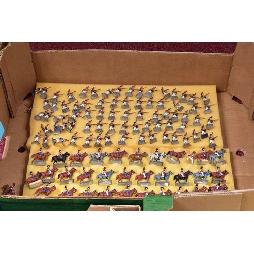 110 - A COLLECTION OF WHITE METAL WARGAMING FIGURES, majority are Napoleonic era British and French forces... 