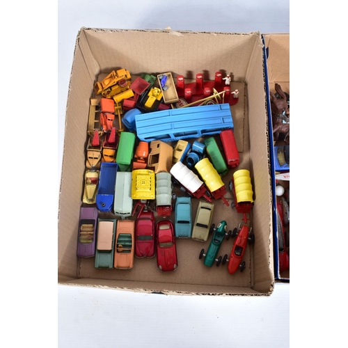 111 - A QUANTITY OF UNBOXED AND ASSORTED PLAYWORN DIECAST VEHICLES, to include repainted Spot-On Austin A4... 