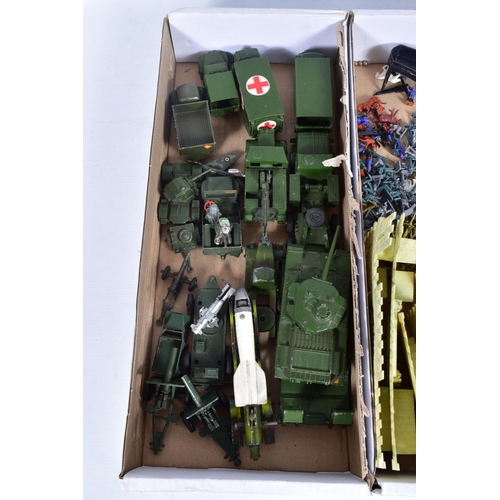 112 - A QUANTITY OF UNBOXED AND ASSORTED PLAYWORN DIECAST MILITARY VEHICLES, to include Dinky Supertoys Th... 