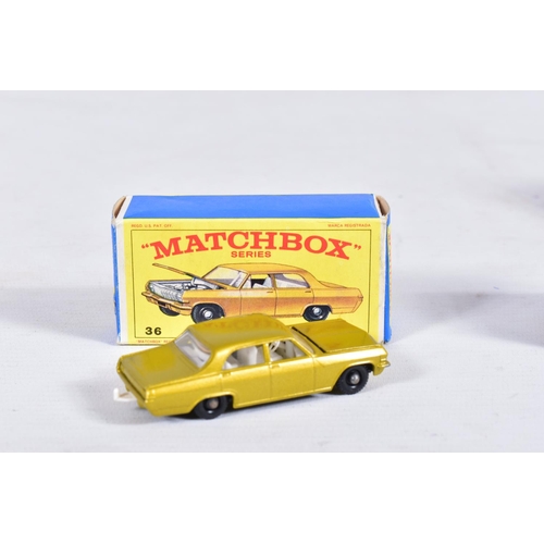 157 - FIVE BOXED MATCHBOX 1-75 SERIES GERMAN CAR MODELS, Mercedes-Benz 230SL, No.27, Opel Diplomat, No.36,... 