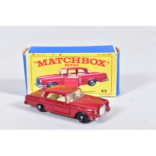 157 - FIVE BOXED MATCHBOX 1-75 SERIES GERMAN CAR MODELS, Mercedes-Benz 230SL, No.27, Opel Diplomat, No.36,... 