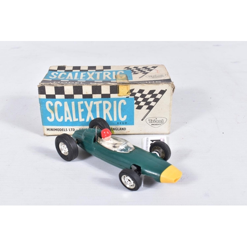 161 - FOUR BOXED SCALEXTRIC RACING CARS, B.R.M. F1 car, No.C/72, green body, Mercedes-Benz 190SL, No.C/75,... 