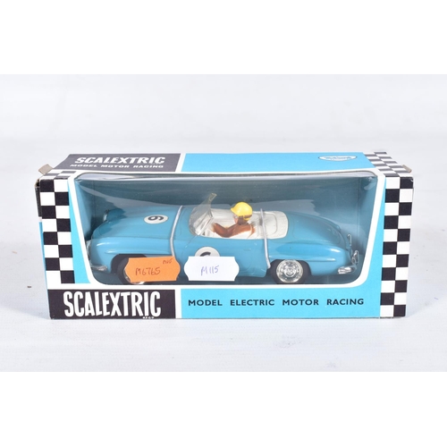 161 - FOUR BOXED SCALEXTRIC RACING CARS, B.R.M. F1 car, No.C/72, green body, Mercedes-Benz 190SL, No.C/75,... 