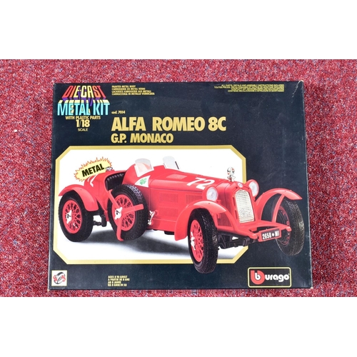 166 - FIVE BOXED BBURAGO 1/18 SCALE DIECAST AND PLASTIC SPORTS CAR KITS, Mercedes SSKL Mille Miglia, No.70... 