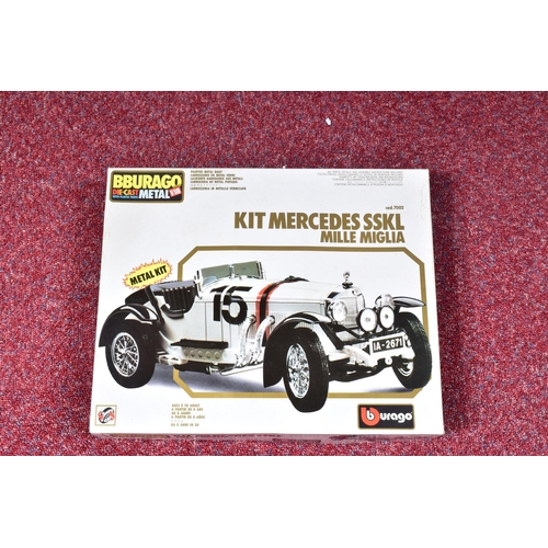 166 - FIVE BOXED BBURAGO 1/18 SCALE DIECAST AND PLASTIC SPORTS CAR KITS, Mercedes SSKL Mille Miglia, No.70... 