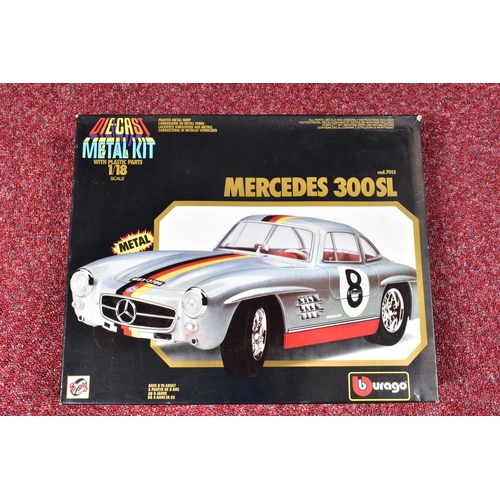 166 - FIVE BOXED BBURAGO 1/18 SCALE DIECAST AND PLASTIC SPORTS CAR KITS, Mercedes SSKL Mille Miglia, No.70... 