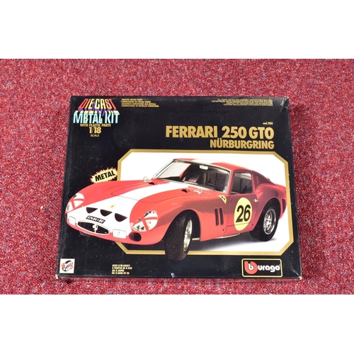 166 - FIVE BOXED BBURAGO 1/18 SCALE DIECAST AND PLASTIC SPORTS CAR KITS, Mercedes SSKL Mille Miglia, No.70... 