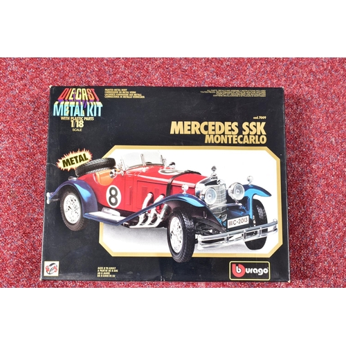 166 - FIVE BOXED BBURAGO 1/18 SCALE DIECAST AND PLASTIC SPORTS CAR KITS, Mercedes SSKL Mille Miglia, No.70... 