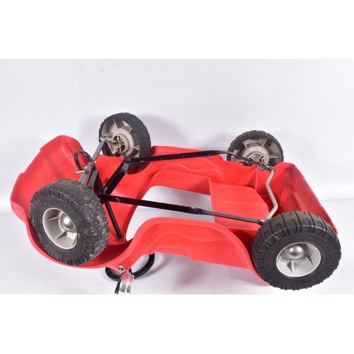 193 - A 1970'S RALEIGH CHILDS PEDAL CAR, red plastic body on metal chassis with plastic wheels and steerin... 