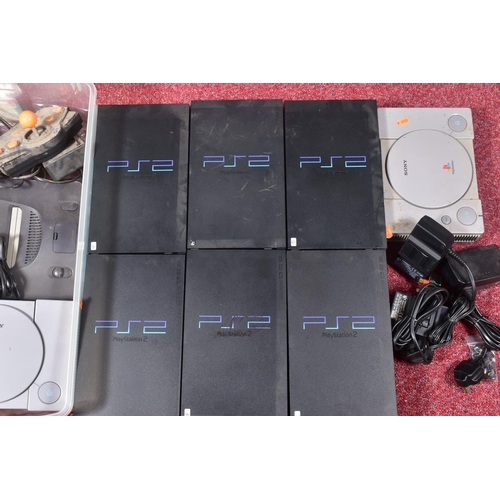 212 - TWO BOXES OF BROKEN CONSOLES AND ACCESSORIES, contents include six Playstation 2 consoles, two Plays... 