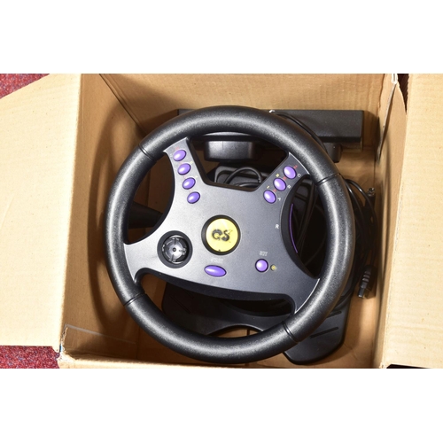 213 - A QUANTITY OF GAME CONSOLE ACCESSORIES, including third party controllers, a racing wheel for the PS... 