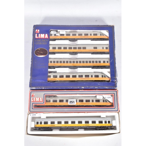 251 - A BOXED LIMA GOLDEN SERIES HO GAUGE LUFTHANSA AIRPORT EXPRESS FOUR CAR SET, No.149748GP, with a boxe... 