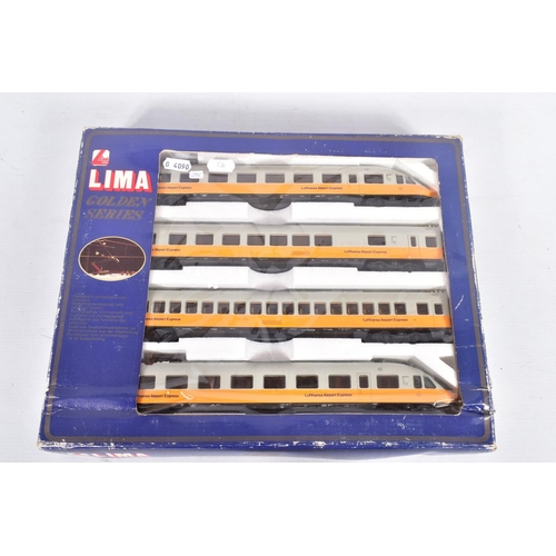 251 - A BOXED LIMA GOLDEN SERIES HO GAUGE LUFTHANSA AIRPORT EXPRESS FOUR CAR SET, No.149748GP, with a boxe... 