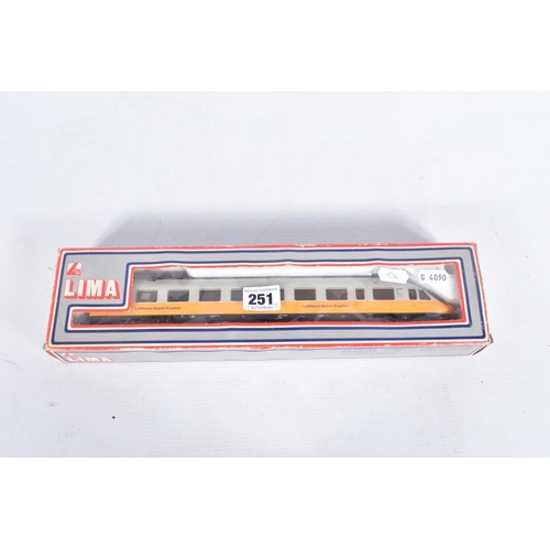 251 - A BOXED LIMA GOLDEN SERIES HO GAUGE LUFTHANSA AIRPORT EXPRESS FOUR CAR SET, No.149748GP, with a boxe... 