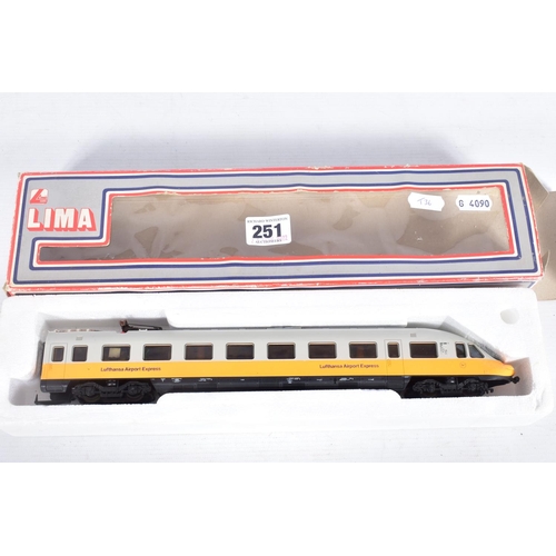 251 - A BOXED LIMA GOLDEN SERIES HO GAUGE LUFTHANSA AIRPORT EXPRESS FOUR CAR SET, No.149748GP, with a boxe... 