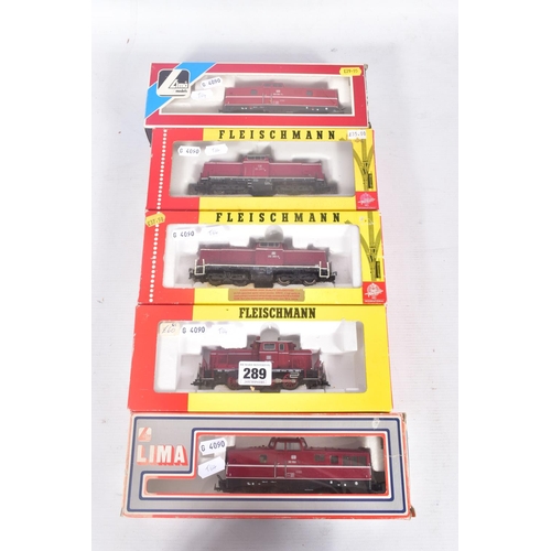 289 - FIVE BOXED HO GAUGE D.B. DIESEL LOCOMOTIVES, Fleischmann Class 211 (1382), Class 212 (4230), Class 2... 