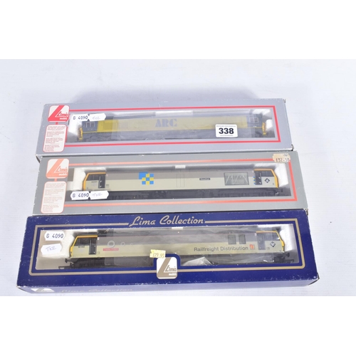 338 - THREE BOXED LIMA OO GAUGE B.R. LOCOMOTIVES, Class 59 (L204839), Class 60 (L205020), Class 92 (L20487... 