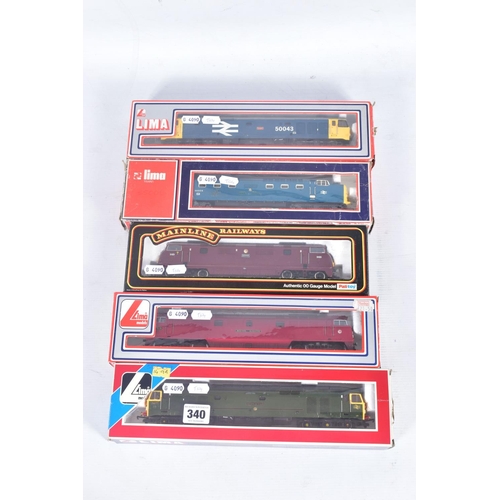 340 - FIVE BOXED OO GAUGE B.R. LOCOMOTIVES, Mainline Class 42 (37-073), Lima Class 50 (x 2) (L205140) and ... 