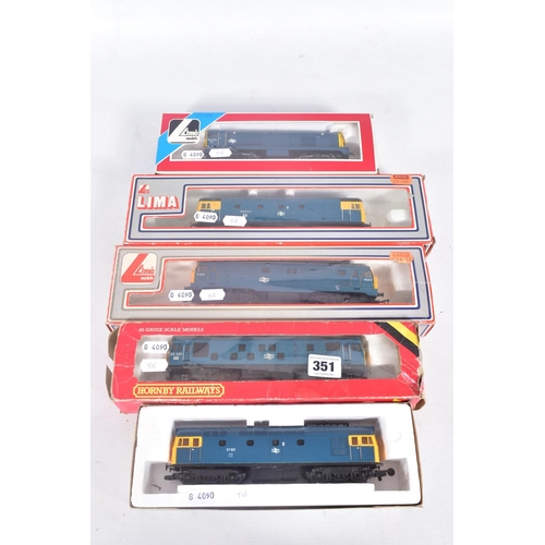 351 - FIVE BOXED OO GAUGE B.R. DIESEL LOCOMOTIVES, Lima Class 20 (L205157) has had some detailing added, H... 