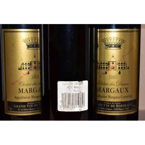 267 - WINE, three bottles of Cloitre des Dames MARGAUX 2003, 12.5% vol, 750ml, fill levels bottom neck, se... 