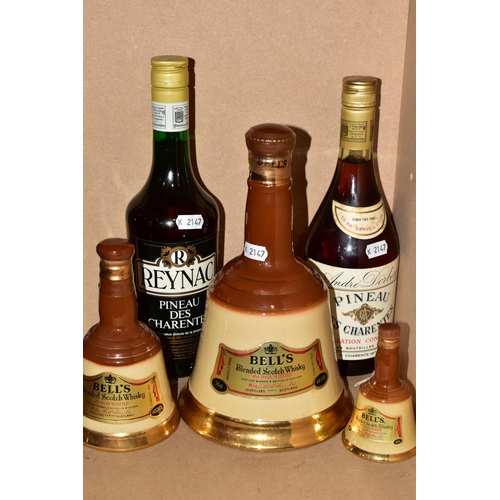 275 - WHISKY & SPIRIT, seven bottles comprising four BELL'S DECANTERS (75cl, 50cl, 18.5cl, one miniature) ... 