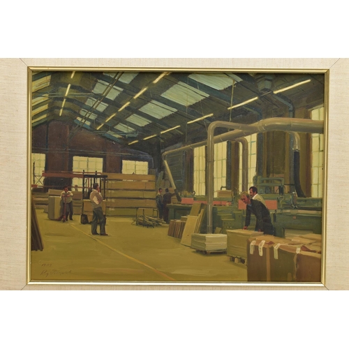 205 - ROY TIDMARCH (BRITIAN 1944) AN INTERIOR VIEW OF A FACTORY WITH FIGURES WORKING, signed and dated 198... 