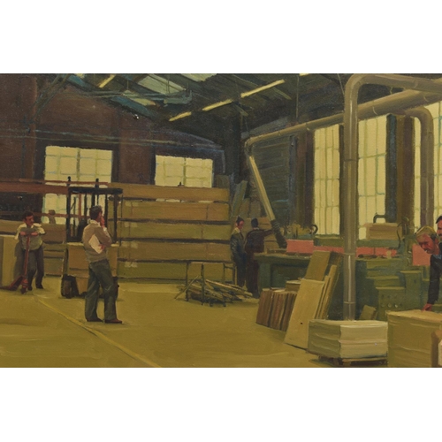 205 - ROY TIDMARCH (BRITIAN 1944) AN INTERIOR VIEW OF A FACTORY WITH FIGURES WORKING, signed and dated 198... 