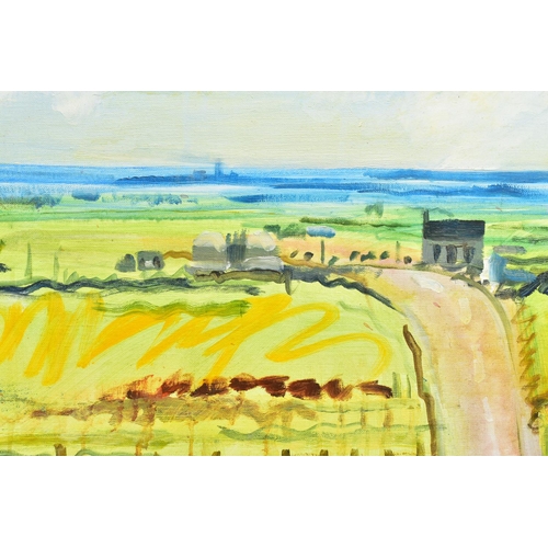 208 - DOUGLAS (DOUG) MUIR (1937-2008), 'THE ROAD SOUTH, ORKNEY', a naive school Scottish Islands landscape... 