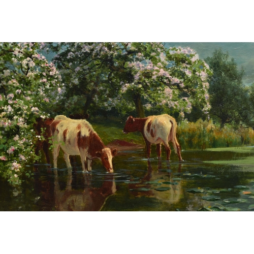 216 - ARTHUR WILLIAM REDGATE (1860-1906) 'BLOSSOMTIME IN THE VALE OF EVESHAM, WORCESTERSHIRE', a river lan... 