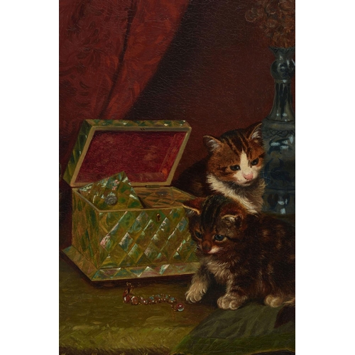 217 - WILSON HEPPLE (1854-1937) 'MISCHIEVIOUS KITTENS', three kittens are playing beside a mother of pearl... 