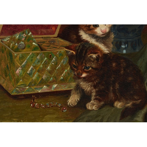 217 - WILSON HEPPLE (1854-1937) 'MISCHIEVIOUS KITTENS', three kittens are playing beside a mother of pearl... 