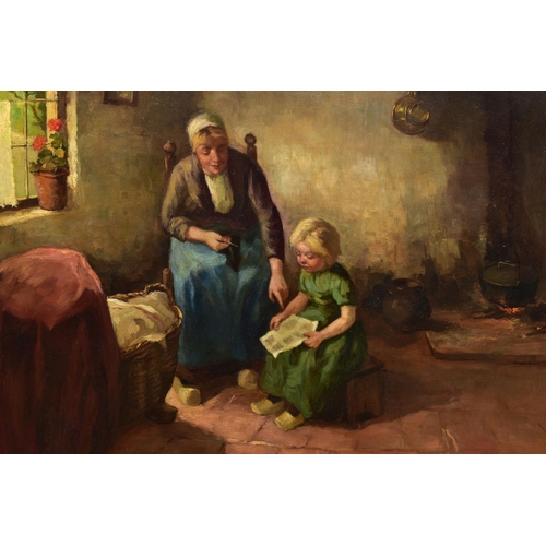 218 - J.H. DE JONGE (DUTCH 20TH CENTURY) A MOTHER AND CHILDREN IN AN INTERIOR SETTING, a female figure wea... 