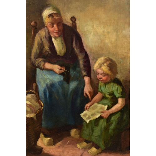 218 - J.H. DE JONGE (DUTCH 20TH CENTURY) A MOTHER AND CHILDREN IN AN INTERIOR SETTING, a female figure wea... 