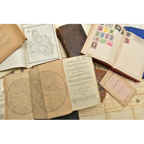 200 - A BOX OF 19TH AND 20TH CENTURY MAPS AND BOOKS ETC, to include a leather bound Brookes's Gazetteer wi... 