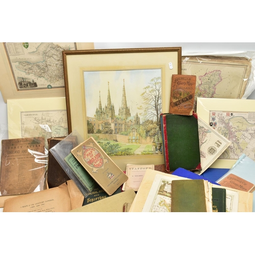 200 - A BOX OF 19TH AND 20TH CENTURY MAPS AND BOOKS ETC, to include a leather bound Brookes's Gazetteer wi... 