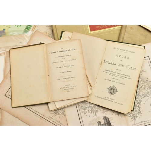 200 - A BOX OF 19TH AND 20TH CENTURY MAPS AND BOOKS ETC, to include a leather bound Brookes's Gazetteer wi... 