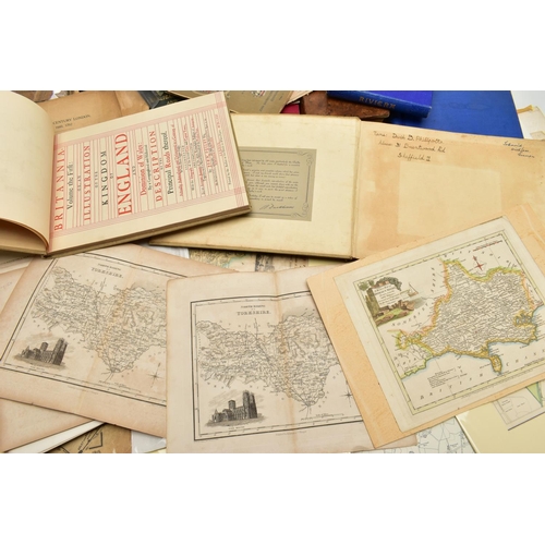 200 - A BOX OF 19TH AND 20TH CENTURY MAPS AND BOOKS ETC, to include a leather bound Brookes's Gazetteer wi... 