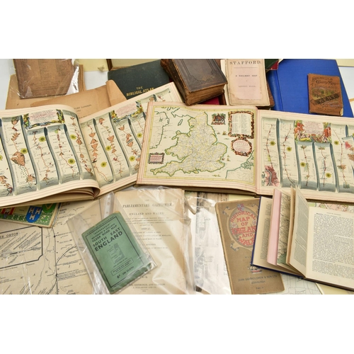 200 - A BOX OF 19TH AND 20TH CENTURY MAPS AND BOOKS ETC, to include a leather bound Brookes's Gazetteer wi... 