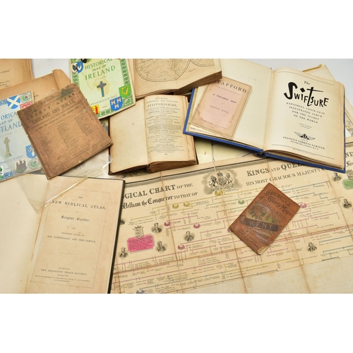 200 - A BOX OF 19TH AND 20TH CENTURY MAPS AND BOOKS ETC, to include a leather bound Brookes's Gazetteer wi... 