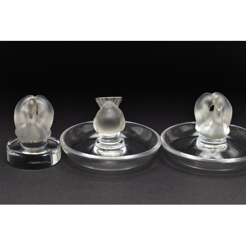 101 - TWO LALIQUE RING / PIN TRAYS AND A LALIQUE PAPERWEIGHT, the two clear glass ring trays with a froste... 