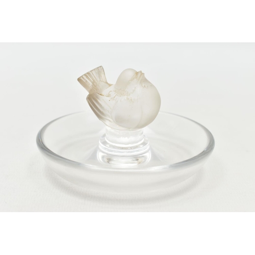 101 - TWO LALIQUE RING / PIN TRAYS AND A LALIQUE PAPERWEIGHT, the two clear glass ring trays with a froste... 