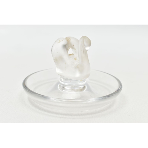 101 - TWO LALIQUE RING / PIN TRAYS AND A LALIQUE PAPERWEIGHT, the two clear glass ring trays with a froste... 