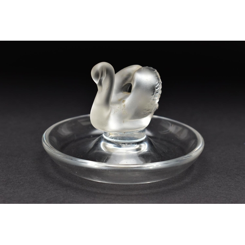 101 - TWO LALIQUE RING / PIN TRAYS AND A LALIQUE PAPERWEIGHT, the two clear glass ring trays with a froste... 