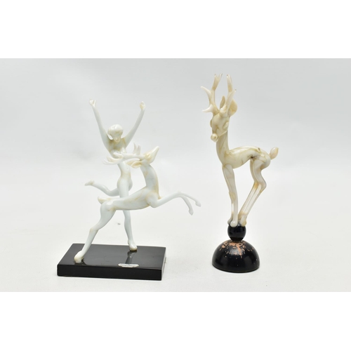 103 - AN ART DECO STYLE GLASS LAMPWORK FIGURE GROUP BY ISTVAN KOMAROMY, of a female nude and leaping stag,... 