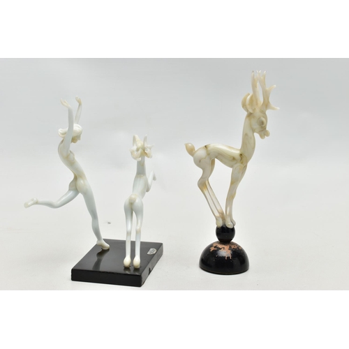 103 - AN ART DECO STYLE GLASS LAMPWORK FIGURE GROUP BY ISTVAN KOMAROMY, of a female nude and leaping stag,... 