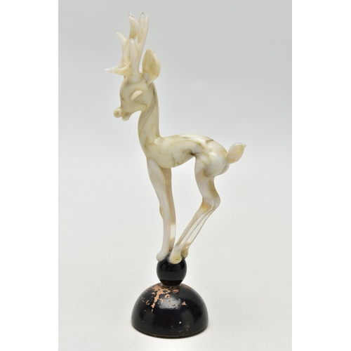 103 - AN ART DECO STYLE GLASS LAMPWORK FIGURE GROUP BY ISTVAN KOMAROMY, of a female nude and leaping stag,... 