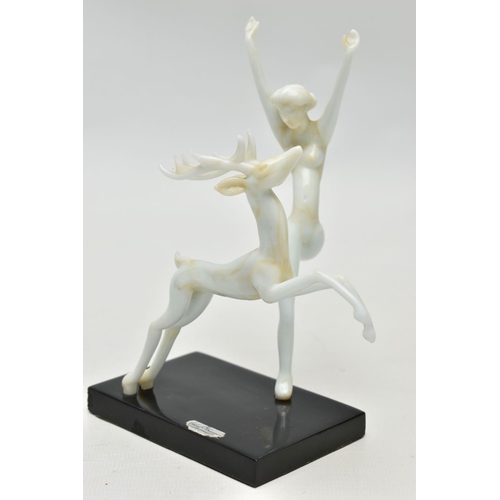 103 - AN ART DECO STYLE GLASS LAMPWORK FIGURE GROUP BY ISTVAN KOMAROMY, of a female nude and leaping stag,... 