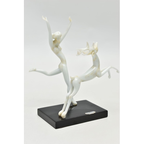 103 - AN ART DECO STYLE GLASS LAMPWORK FIGURE GROUP BY ISTVAN KOMAROMY, of a female nude and leaping stag,... 