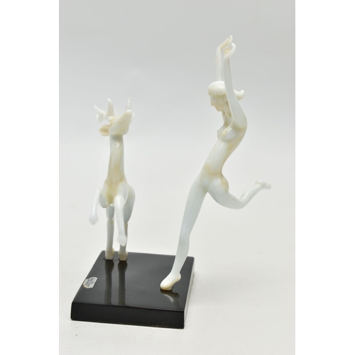 103 - AN ART DECO STYLE GLASS LAMPWORK FIGURE GROUP BY ISTVAN KOMAROMY, of a female nude and leaping stag,... 